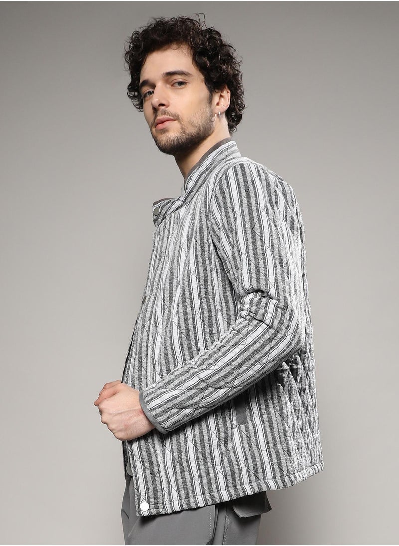 Campus Sutra - Men's Moon Grey Halo Striped Quilted Jacket - Image 1