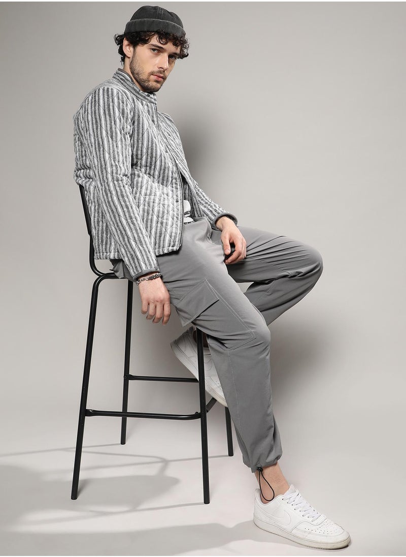 Campus Sutra - Men's Moon Grey Halo Striped Quilted Jacket - Image 1