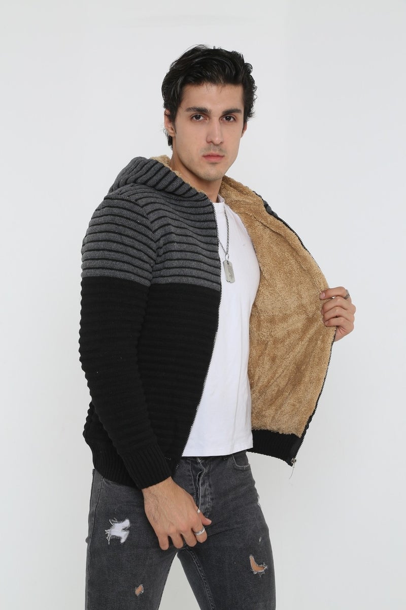 Kmk Men's Navy Blue Fur Lined Hooded Knitted Cardigan  - Image 1
