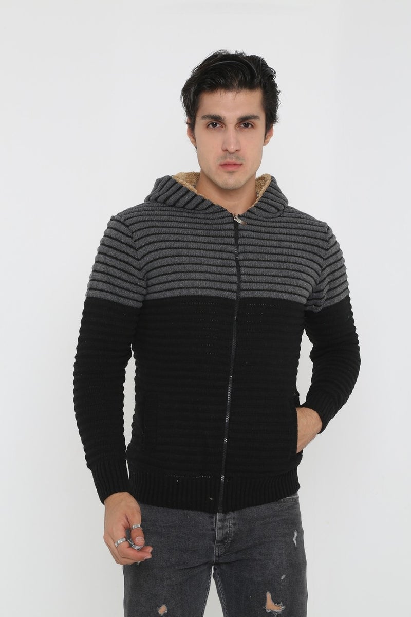 Kmk Men's Navy Blue Fur Lined Hooded Knitted Cardigan  - Image 2
