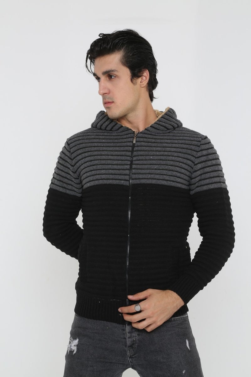 Kmk Men's Navy Blue Fur Lined Hooded Knitted Cardigan  - Image 3