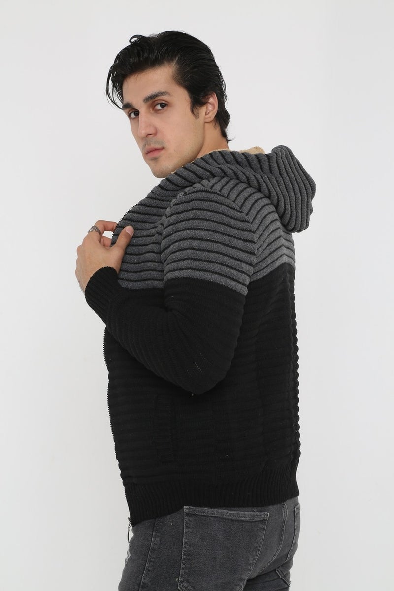 Kmk Men's Navy Blue Fur Lined Hooded Knitted Cardigan  - Image 5