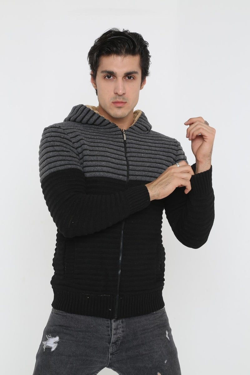 Kmk Men's Navy Blue Fur Lined Hooded Knitted Cardigan  - Image 4