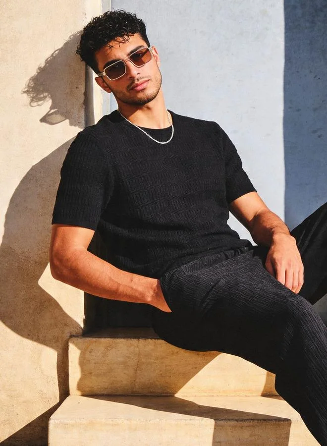 Iconic Iconic Men Regular Fit Crew Neck Short Sleeves Textured T shirt