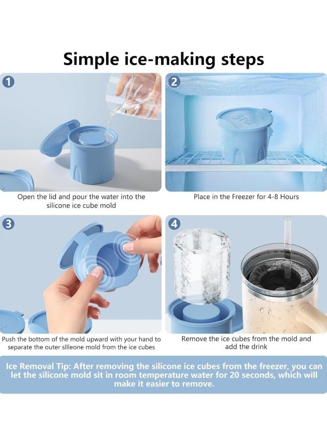 CCOVERY Ice Cube Tray for Stanley Cup Tumbler Cup 20oz 30oz 40oz 3 Pcs silicone Ice Mold Hollow Cylinder with Lid 3 Sizes Stanley Cup Ice Mold  Blue  - Image 4