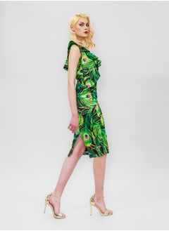 BITOLIA GALLERY Midi Cold Shoulder Ruffles Dress Green  - Image 4