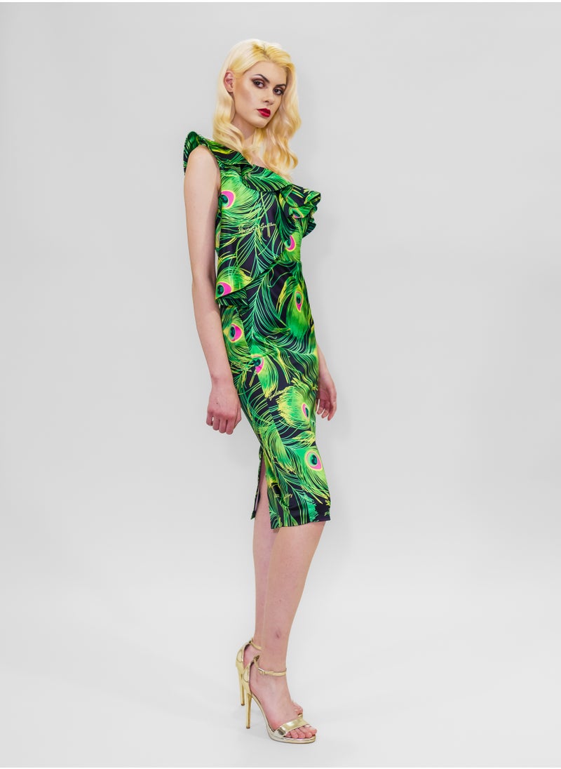 BITOLIA GALLERY Midi Cold Shoulder Ruffles Dress Green  - Image 3