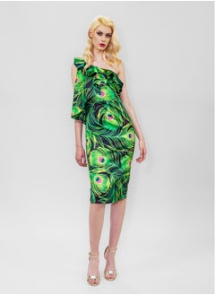 BITOLIA GALLERY Midi Cold Shoulder Ruffles Dress Green  - Image 1