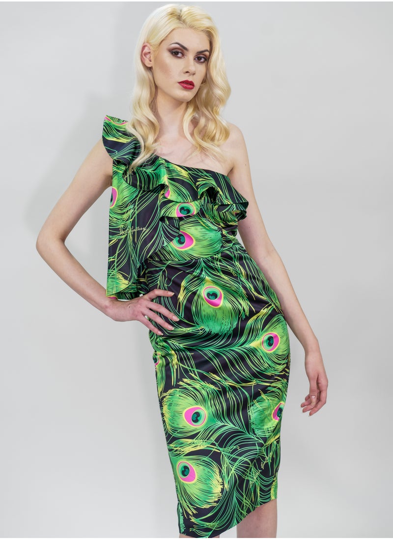 BITOLIA GALLERY Midi Cold Shoulder Ruffles Dress Green  - Image 5