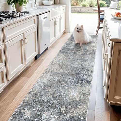 BYYVOO 3x10 ft Long Hallway Runner Rug – Non-Slip Washable Kitchen Floor Rug with Rubber Backing, Modern Low Pile Thin Wide Carpet Runners for Bedroom, Entryway Indoor（Blue Grey,3x10） - Image 1