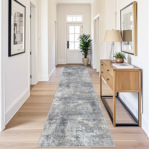 BYYVOO 3x10 ft Long Hallway Runner Rug – Non-Slip Washable Kitchen Floor Rug with Rubber Backing, Modern Low Pile Thin Wide Carpet Runners for Bedroom, Entryway Indoor（Blue Grey,3x10） - Image 4