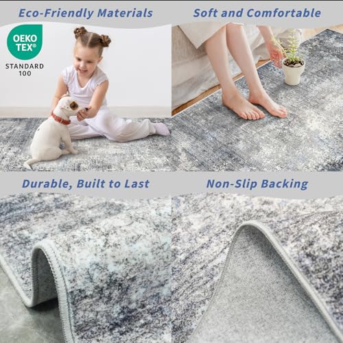 BYYVOO 3x10 ft Long Hallway Runner Rug – Non-Slip Washable Kitchen Floor Rug with Rubber Backing, Modern Low Pile Thin Wide Carpet Runners for Bedroom, Entryway Indoor（Blue Grey,3x10） - Image 5