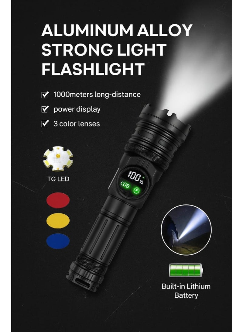 Coba Rechargeable Flashlight  Handheld Spotlight – 1000M Brightness, Multi-Mode, USB-C Charging, 1000M Range  Aluminum Alloy Strong Light FlashLights 3 Color Mirror