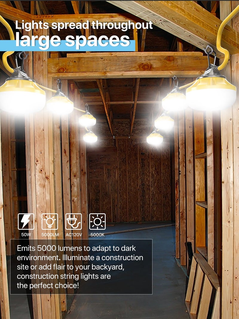 HYPERLITE Construction String Lights: 50FT 5 Bulbs Work Lights with Climbing Hooks - IP65 Waterproof Linkable LED Industrial Temporary Lighting for Construction Sites Attic Crawlspace Renovation - Image 2