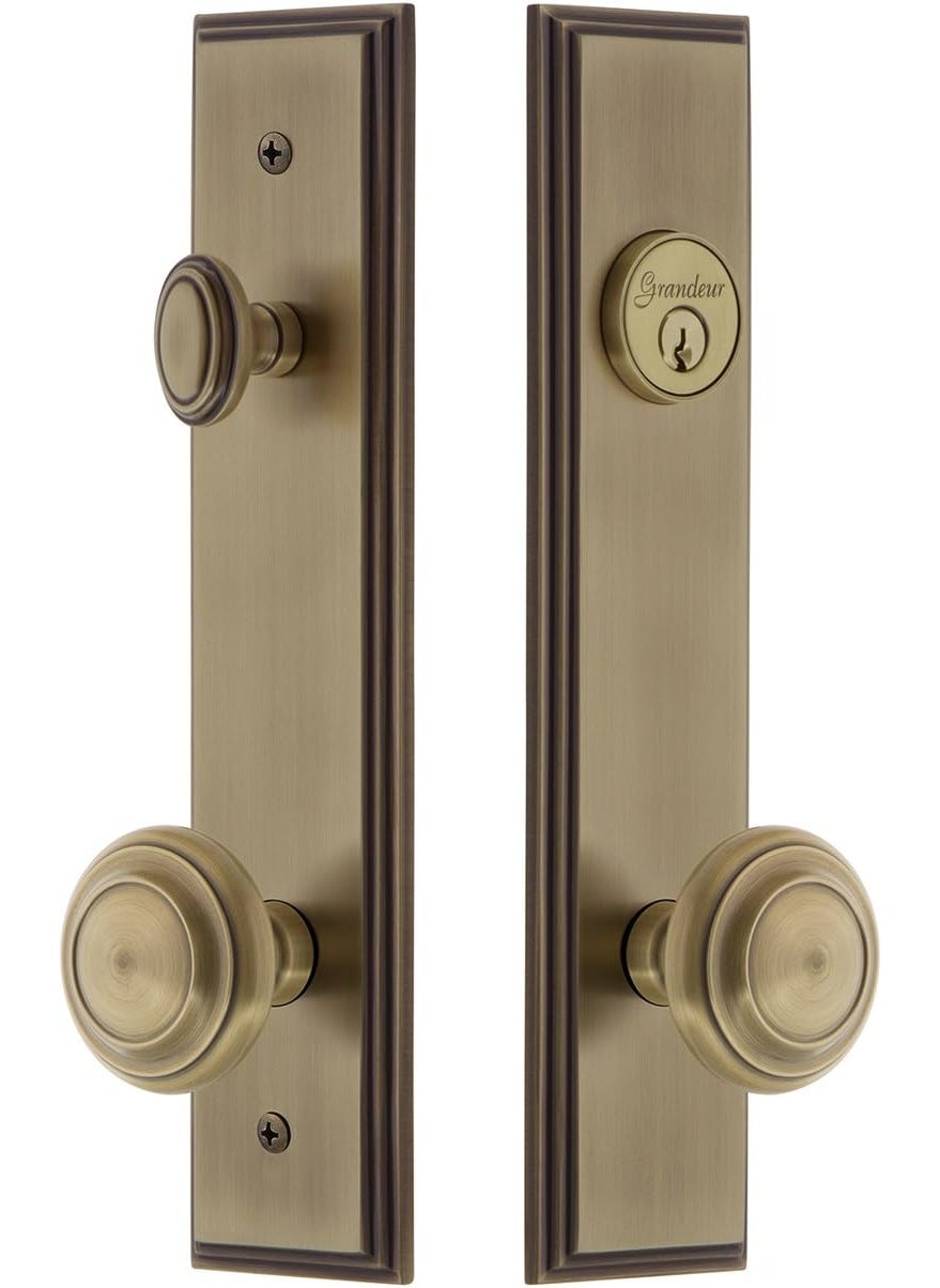 GRANDEUR Grandeur Hardware 840105 Carre Tall Plate Complete Entry Set with Circulaire Knob Backset Size  2375 Vintage Brass 