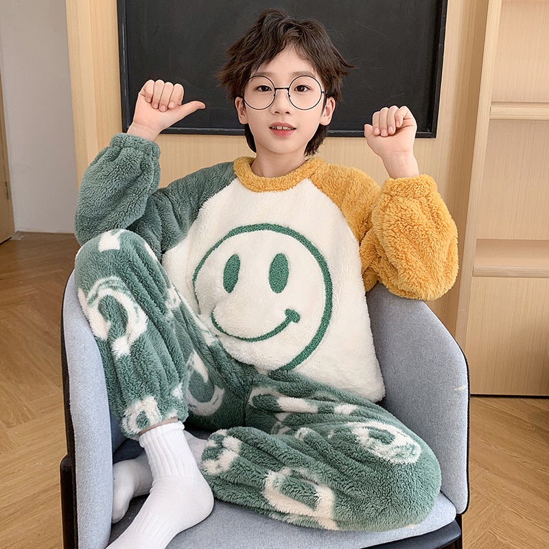 Autumn and Winter Plush Childrens Pajamas Boys Cute Cartoon Thickened Warm Coral Fleece Childrens Home Clothes 51010# 