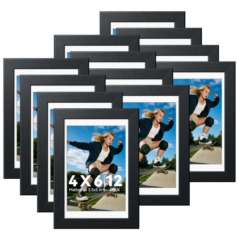 مجموعة إطارات صور HappyHapi 4x6 مجموعة من 12 إطار عرض طاولة أو حائط صور 35x5 مع مات أو 4x6 بدون إطارات صور مجمعة للطباعة والصور والمناظر الطبيعية والفنون باللون الأسود