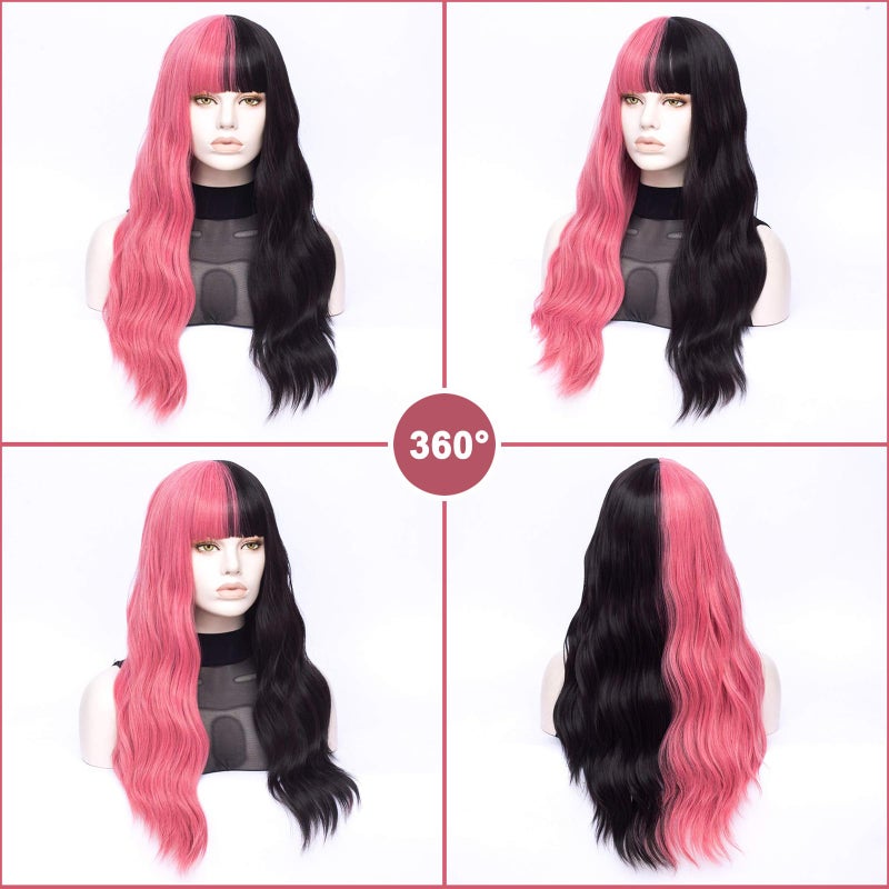 MORTICIA Long Loose Wavy Half Pink and Half Black Full Bang Wig - Image 4
