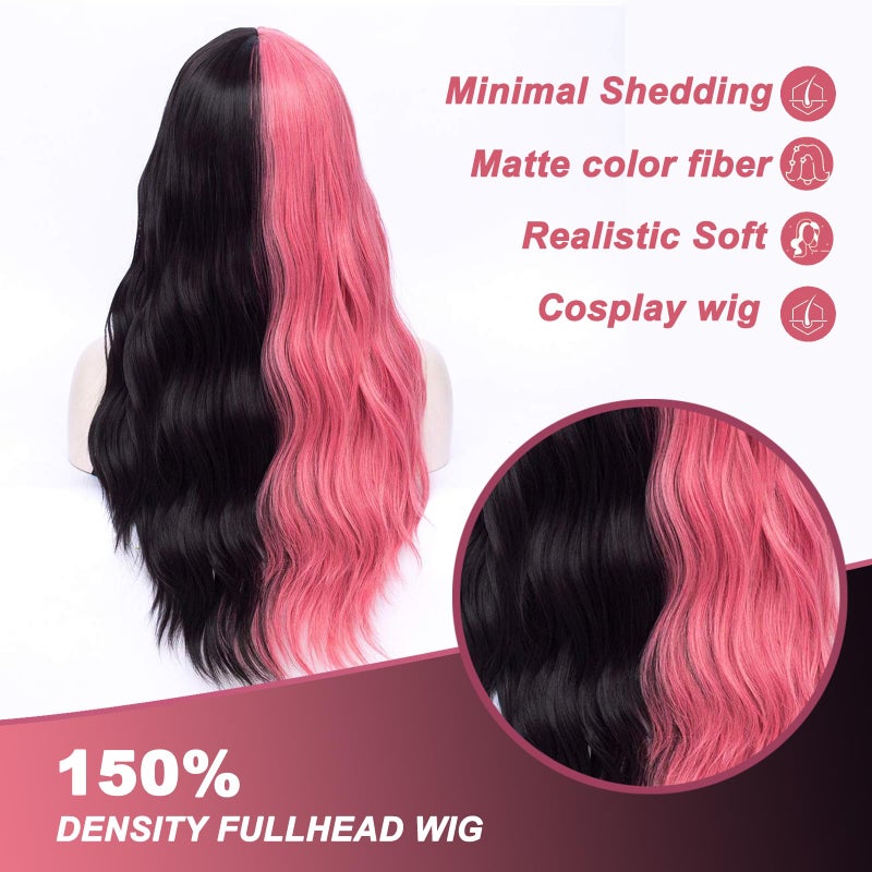 MORTICIA Long Loose Wavy Half Pink and Half Black Full Bang Wig - Image 3