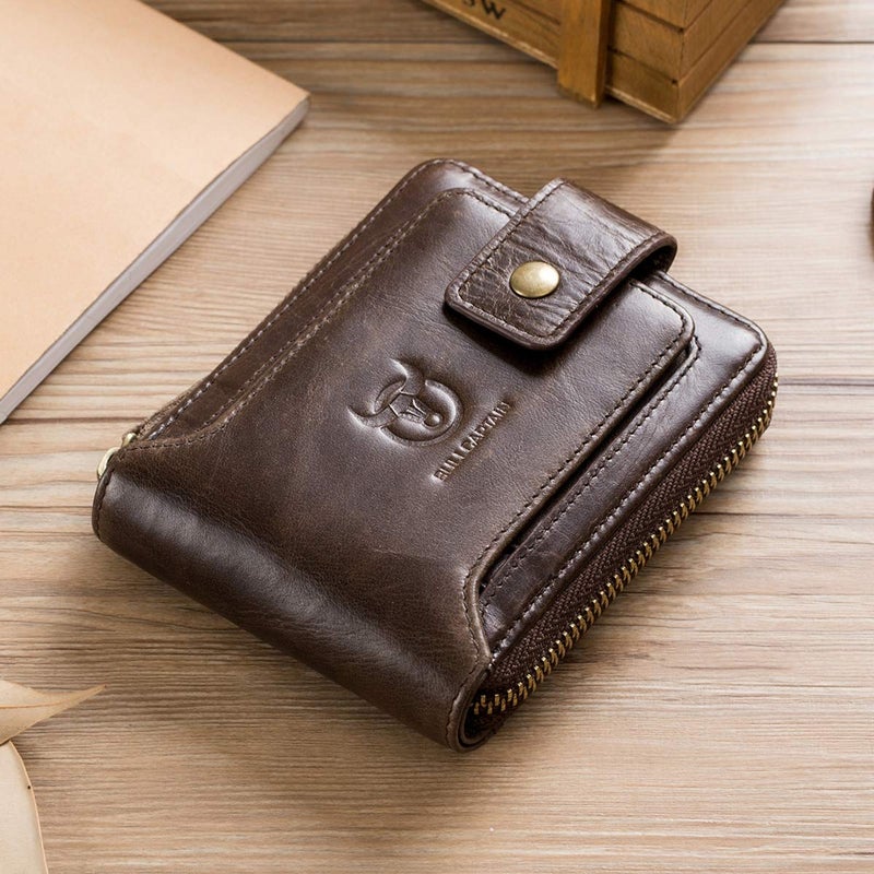 BULLCAPTAIN Genuine Leather Wallet for Men Large Capacity ID Window Card Case with Zip Coin Pocket QB-231 (Coffee) - Image 2