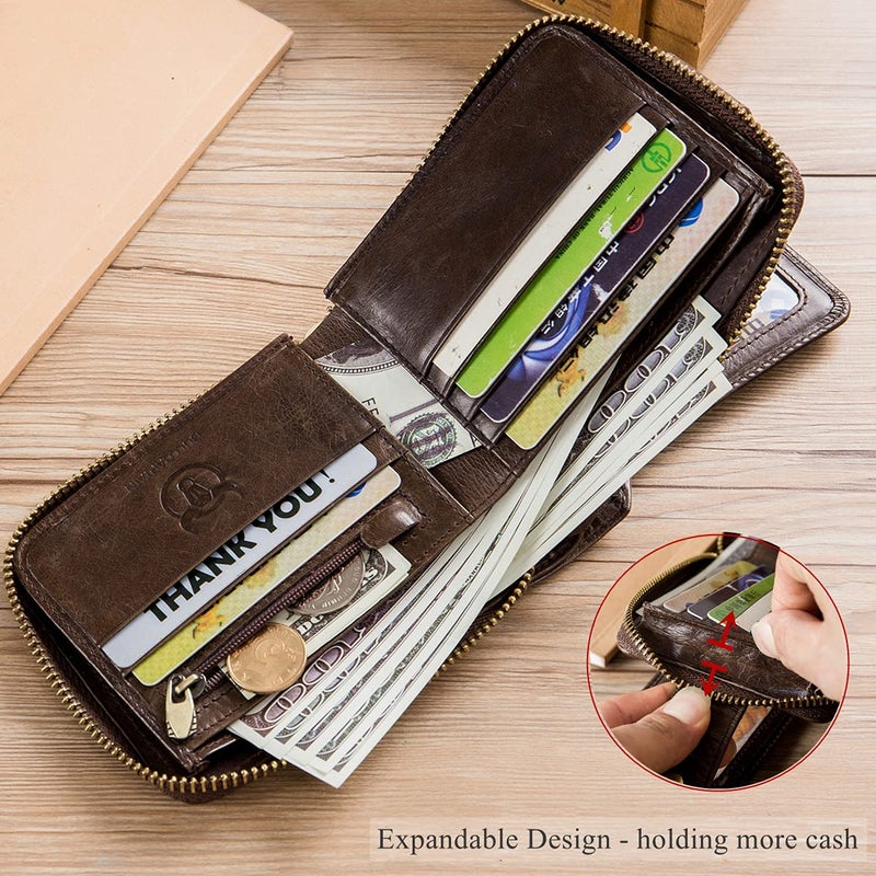 BULLCAPTAIN Genuine Leather Wallet for Men Large Capacity ID Window Card Case with Zip Coin Pocket QB-231 (Coffee) - Image 5