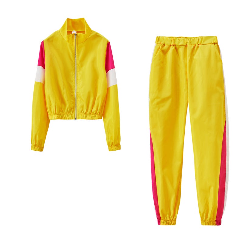 9625#2021 Explosions Independent Station Best Selling European and American Womens Contrast Casual Suit Splicing Sports Two-Piece Suit fluorescent green - Image 3