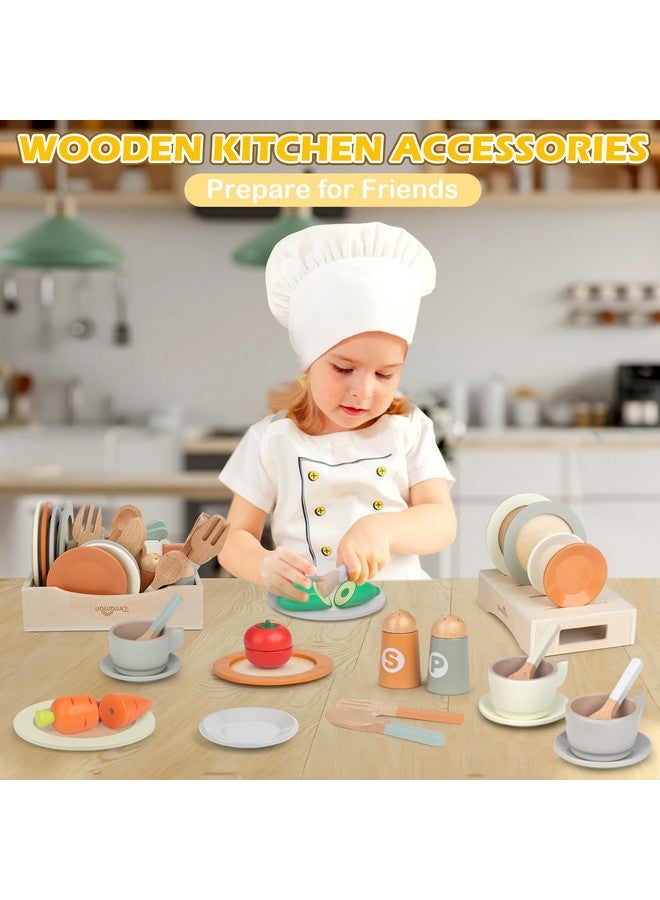 Dreamon Wooden Play Dishes and Plates for Kids Kitchen Set, 27 PCS Wooden Play Kitchen Accessories, Kitchen Toy for Toddlers 2-4 Years Girls and Boys - Image 5