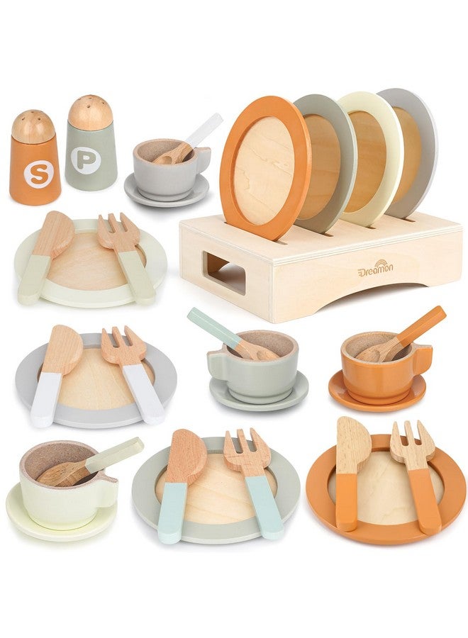Dreamon Wooden Play Dishes and Plates for Kids Kitchen Set, 27 PCS Wooden Play Kitchen Accessories, Kitchen Toy for Toddlers 2-4 Years Girls and Boys - Image 1