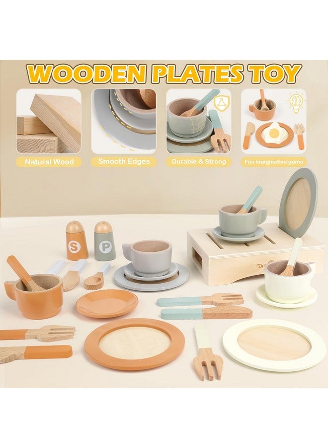 Dreamon Wooden Play Dishes and Plates for Kids Kitchen Set, 27 PCS Wooden Play Kitchen Accessories, Kitchen Toy for Toddlers 2-4 Years Girls and Boys - Image 2