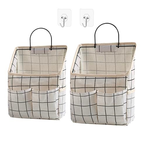 Someteth 2 Pack Wall Hanging Storage Bags Organizer with Pockets Storage for Dormitory Bathroom Bedroom Kitchen White Grid - Image 1