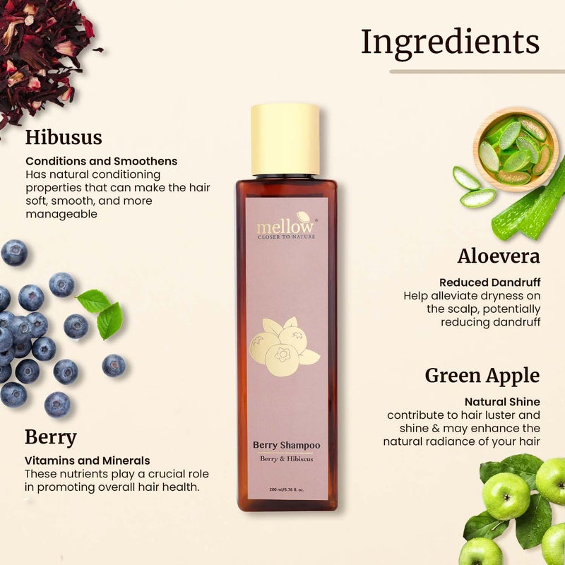 Mellow Herbal Berry Shampoo Hair Fall Control Strengthening Enriched with Hibiscus Berry Leaves Boosts Shine Nourishes Scalp Sulfate ParabenFree 100ml - Image 2