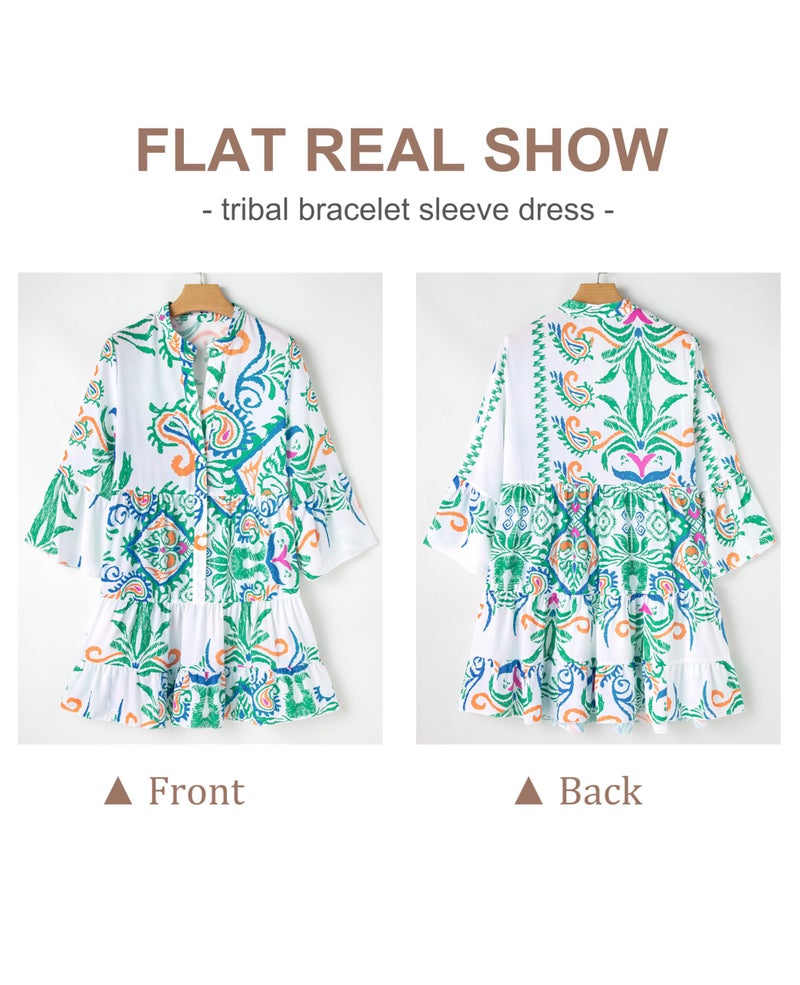 SELINK Womens Long Sleeve Dresses Casual V Neck Tribal Print Button Flowy Boho Mini Beach Dress Green-L - Image 3