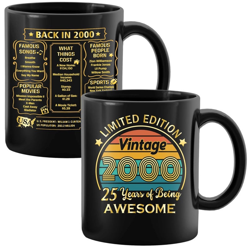 QUPT 25th Birthday Gifts for Women Men 25th Birthday Gifts for Him 2000 Birthday Gifts for Women Men 25 Years Old Gifts 2000 Birthday Gifts for Her Him 25th Birthday Presents Coffee Mug