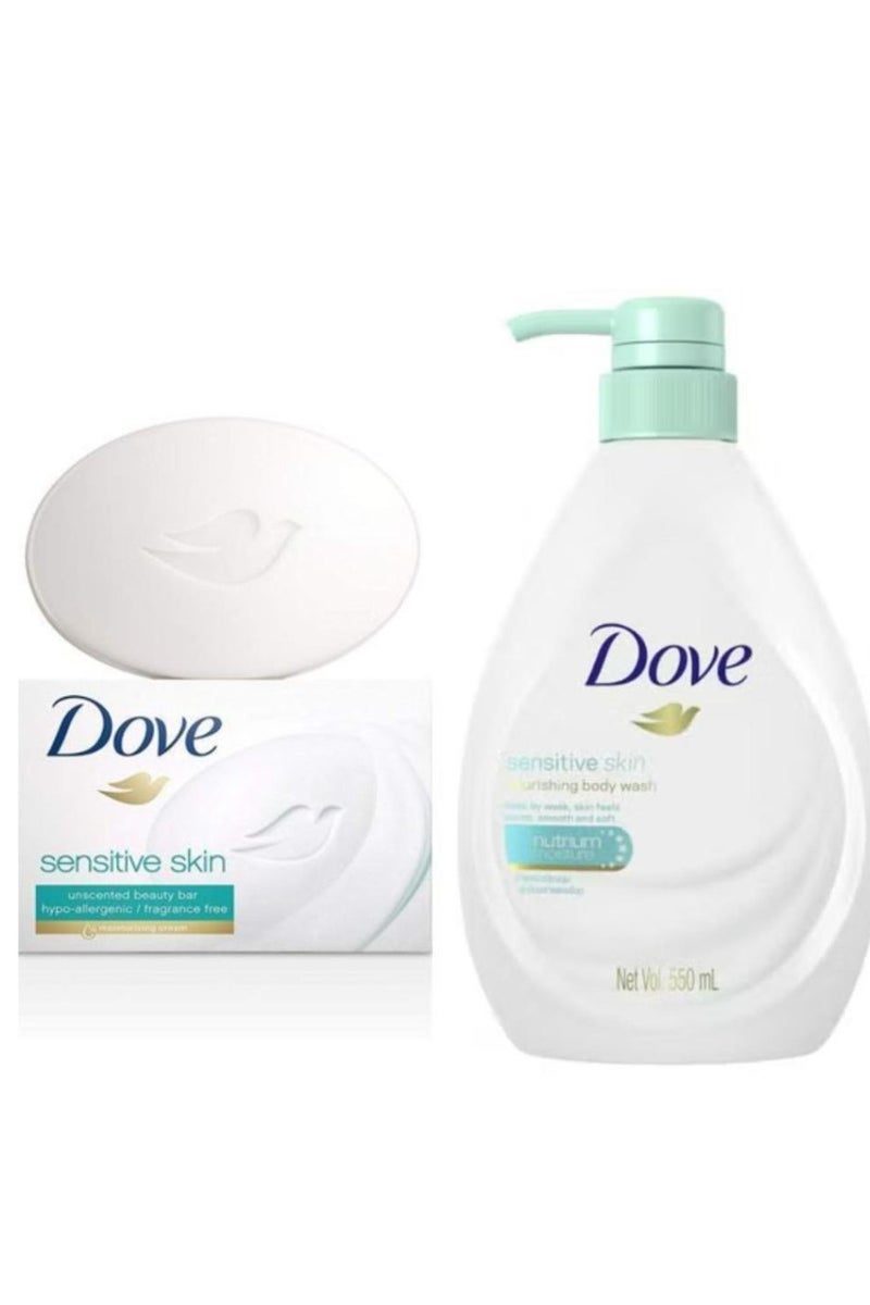 دوف أفضل مجموعة من قطعتين من غسول الجسم المغذي للبشرة الحساسة، 550 مل + صابون تجميل بدون رائحة للبشرة الحساسة، 106 جم