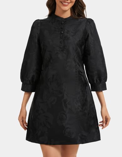 Ladyful Women's Floral Jacquard Shift Dress 2026 Long Puff Sleeve Button Up Elegant Cocktail Party Mini Dress - Image 5