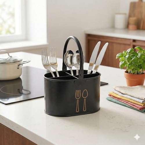 True Decor TrueDecor Decorative 3 Compartment Cutlery Holder for Dining Table - Fancy Oval Spoon Organiser for Kitchen Countertop - Rust-Proof Galvanized Iron Spatula & Knife Holder, Modern Cutlery Stand - Image 1