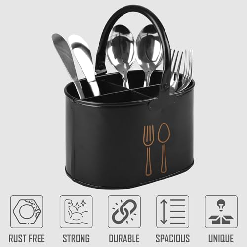 True Decor TrueDecor Decorative 3 Compartment Cutlery Holder for Dining Table - Fancy Oval Spoon Organiser for Kitchen Countertop - Rust-Proof Galvanized Iron Spatula & Knife Holder, Modern Cutlery Stand - Image 3
