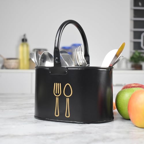 True Decor TrueDecor Decorative 3 Compartment Cutlery Holder for Dining Table - Fancy Oval Spoon Organiser for Kitchen Countertop - Rust-Proof Galvanized Iron Spatula & Knife Holder, Modern Cutlery Stand - Image 4