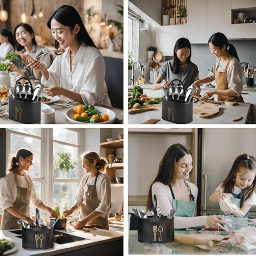 True Decor TrueDecor Decorative 3 Compartment Cutlery Holder for Dining Table - Fancy Oval Spoon Organiser for Kitchen Countertop - Rust-Proof Galvanized Iron Spatula & Knife Holder, Modern Cutlery Stand - Image 5