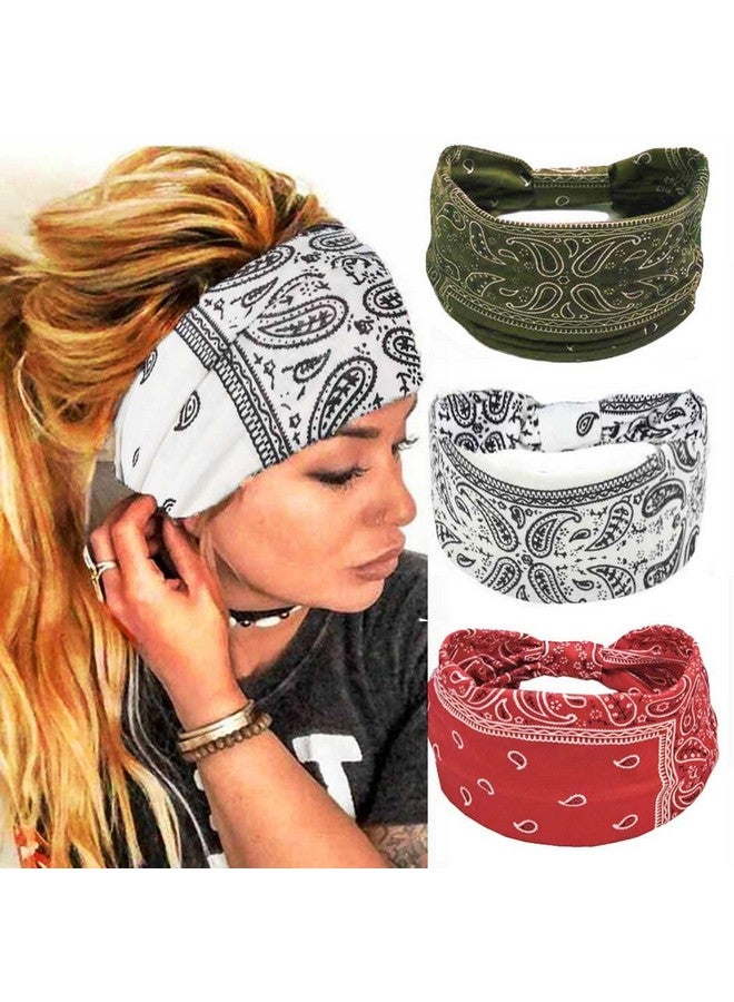 CAKURE Boho Headbands Wide Turban Knotted Head Bands African Thick Head Wraps Yoga Running Workout Hairbands Hair Scarf Elastic Hair Fashion Accessories For Women And Girls Pack Of 3(Set-2) - Image 1