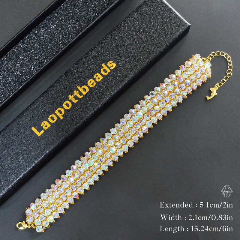 Laopottbeads Crystal Bracelet for Women 6" + 2" Extender Chain, Handmade Woven Design with Jewelry Gift Box, Ideal for Gifting for Mom, Birthday, or Anniversary(AB Crystal-Gold Beads) - Image 3