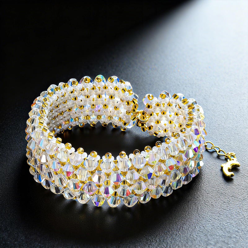 Laopottbeads Crystal Bracelet for Women 6" + 2" Extender Chain, Handmade Woven Design with Jewelry Gift Box, Ideal for Gifting for Mom, Birthday, or Anniversary(AB Crystal-Gold Beads) - Image 5