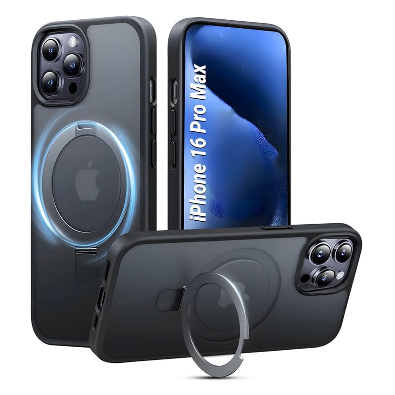 AIBEX Back Cover for Apple iPhone 16 Pro Max with OStand Ring Kickstand| Mag-Saf Compatible Magnetic Metal Alloy Ring| Wireless Charging|Slim Thin Scratch Resistant Armor|Shockproof Protective - Black - Image 1