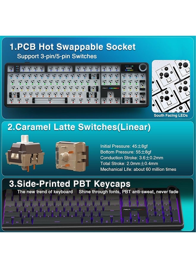 أولا AULA F108 PRO - لوحة مفاتيح ميكانيكية لاسلكية مع شاشة ومقبض، لوحة مفاتيح كاملة الحجم مع بطارية 8000 مللي أمبير في الساعة، مفاتيح مُشحمة مسبقًا، أغطية مفاتيح PBT مطبوعة على الجانب، لوحات مفاتيح ألعاب مخصصة قابلة للتبديل السريع بإضاءة خلفية RGB - Image 4