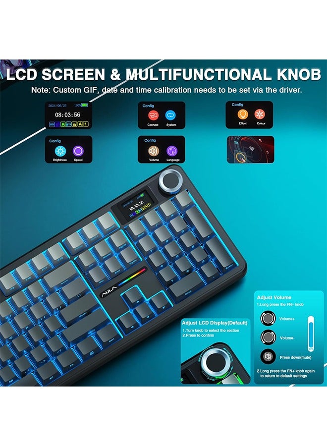 أولا AULA F108 PRO - لوحة مفاتيح ميكانيكية لاسلكية مع شاشة ومقبض، لوحة مفاتيح كاملة الحجم مع بطارية 8000 مللي أمبير في الساعة، مفاتيح مُشحمة مسبقًا، أغطية مفاتيح PBT مطبوعة على الجانب، لوحات مفاتيح ألعاب مخصصة قابلة للتبديل السريع بإضاءة خلفية RGB - Image 3