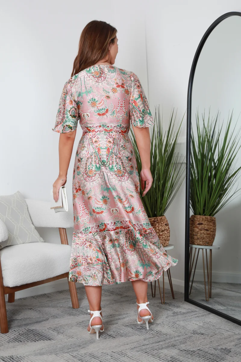 Double Second pink paisley Frill Hem Printed Wrap Dress for Women | Best Price UAE