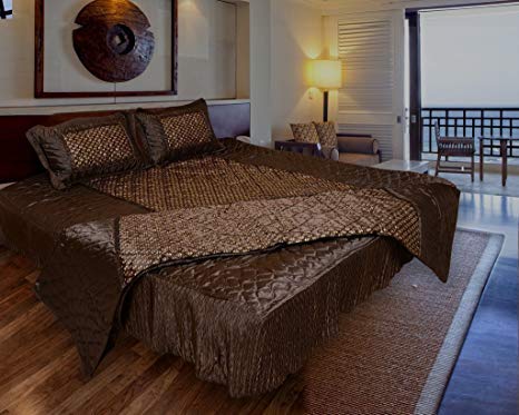 ManavRachit Satin Gold Printed 310 TC Wedding Bedding Set Bedsheet with 2 Pillow Covers 1 AC Comforter for Home Living RoomSet of 4pc Butti PrintCoffee