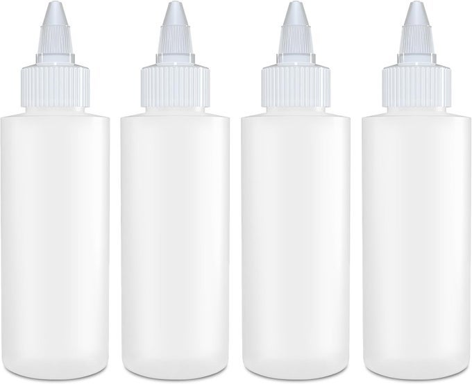 CONDIMENT SQUEEZE BOTTLES 4 OZ EMPTY SQUIRT BOTTLE WITH TWIST TOP CAP LEAK PROOF GREAT FOR KETCHUP MUSTARD SYRUP SAUCES DRESSING OIL ARTS AND CRAFTS BPA FREE PLASTIC 4 PACK