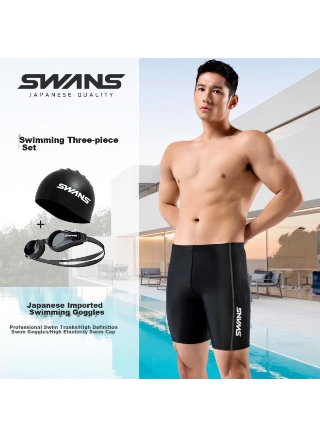 Speed Vision Suanshi Swans Men's Swim Trunks, Swim Cap, And Swimming Goggles Three-piece Set Professional Training Knee-length Swim Shorts Men's Suit 400° 3XL - Image 1