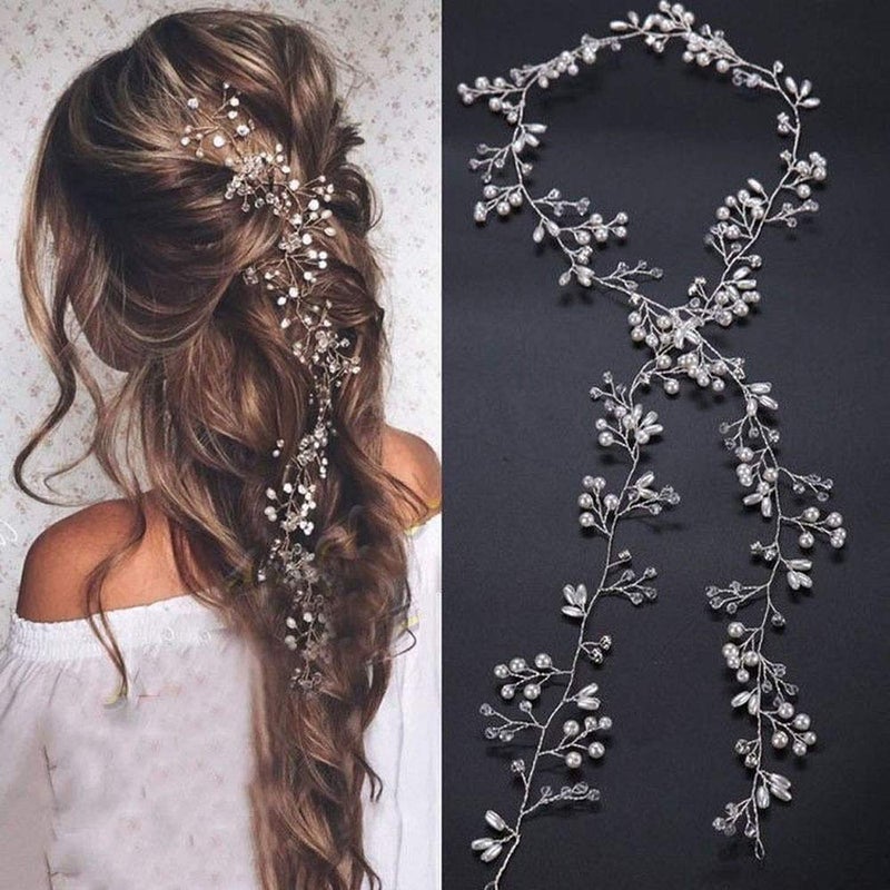 Deniferymakeup Bridal Rose Gold and Gold Silver Extra Long Pearl and Crystal Beads Wedding Hair Vine - Image 1